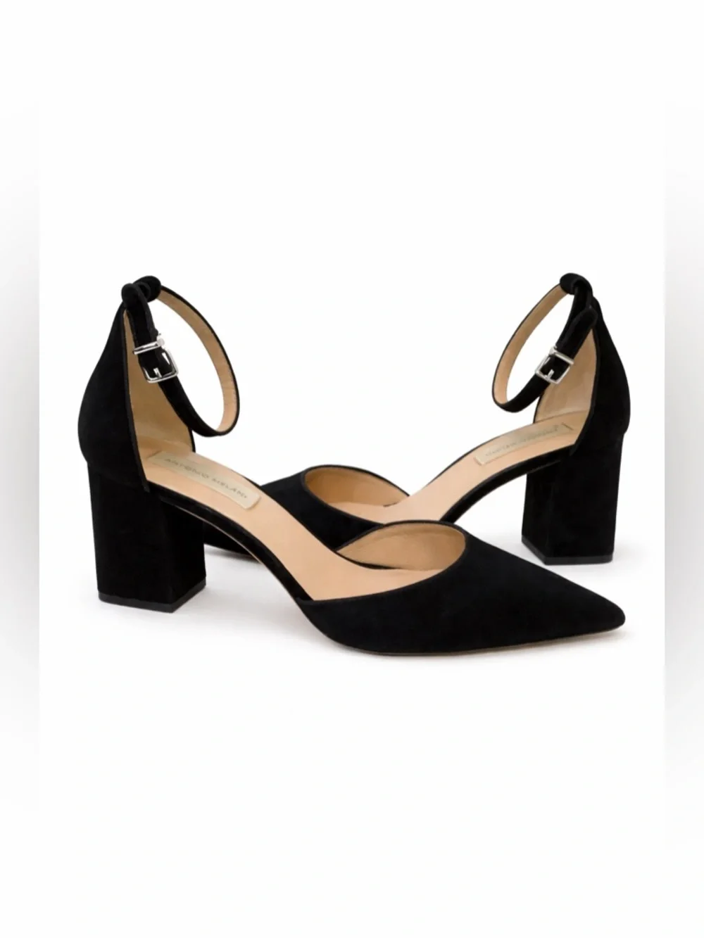 ANTONIO MELANI Women's Black Suede Ankle Strap Chunky Heels 10